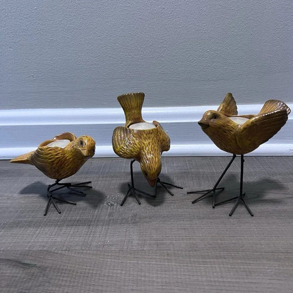 Ceramic Birds Tea Light Votive Candle Holder Set of 3 Brown Wire Legs Decor - Picture 1 of 9